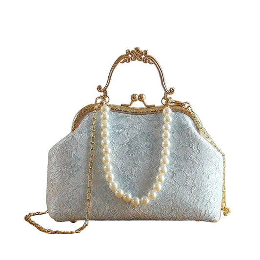 Bolso Evelisse | Encaje Vintage con Cierre de Concha y Perlas Decorativas