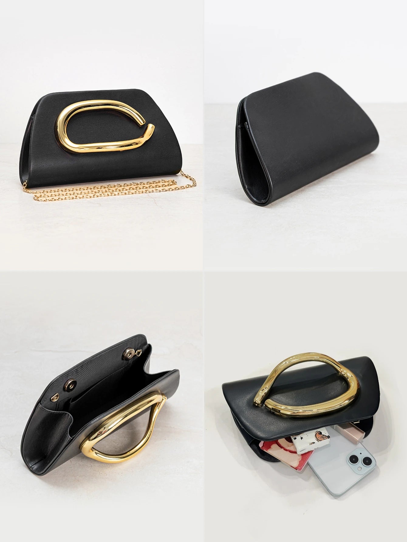 Bolso Aurelia | Clutch tipo caja con cierre metálico dorado y cadena desmontable para eventos elegantes